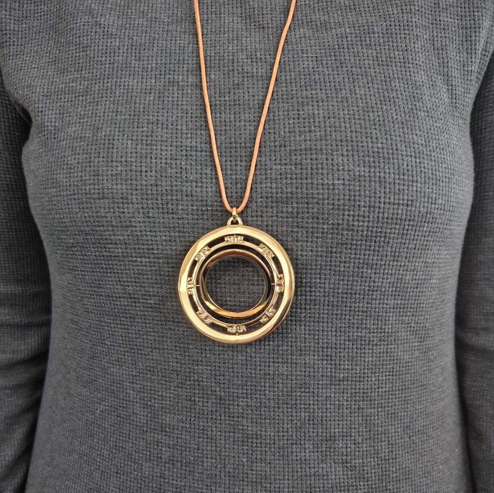 Tory Burch Pendant Necklace with Leather Cord. 50"+ Pendant 2&1/2 "